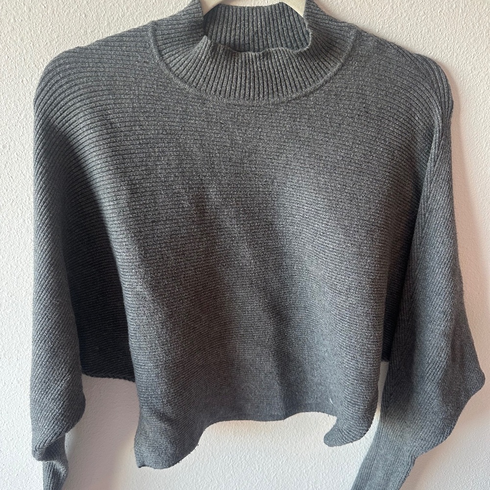 ZARA - Mock Neck Batwing Sweater - Grey Ribbed - Size Small